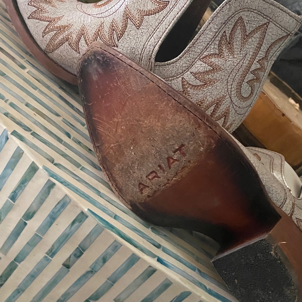 Ariat White Western Ankle Boots with Brown Embroidered Accents - Picture 3 of 5